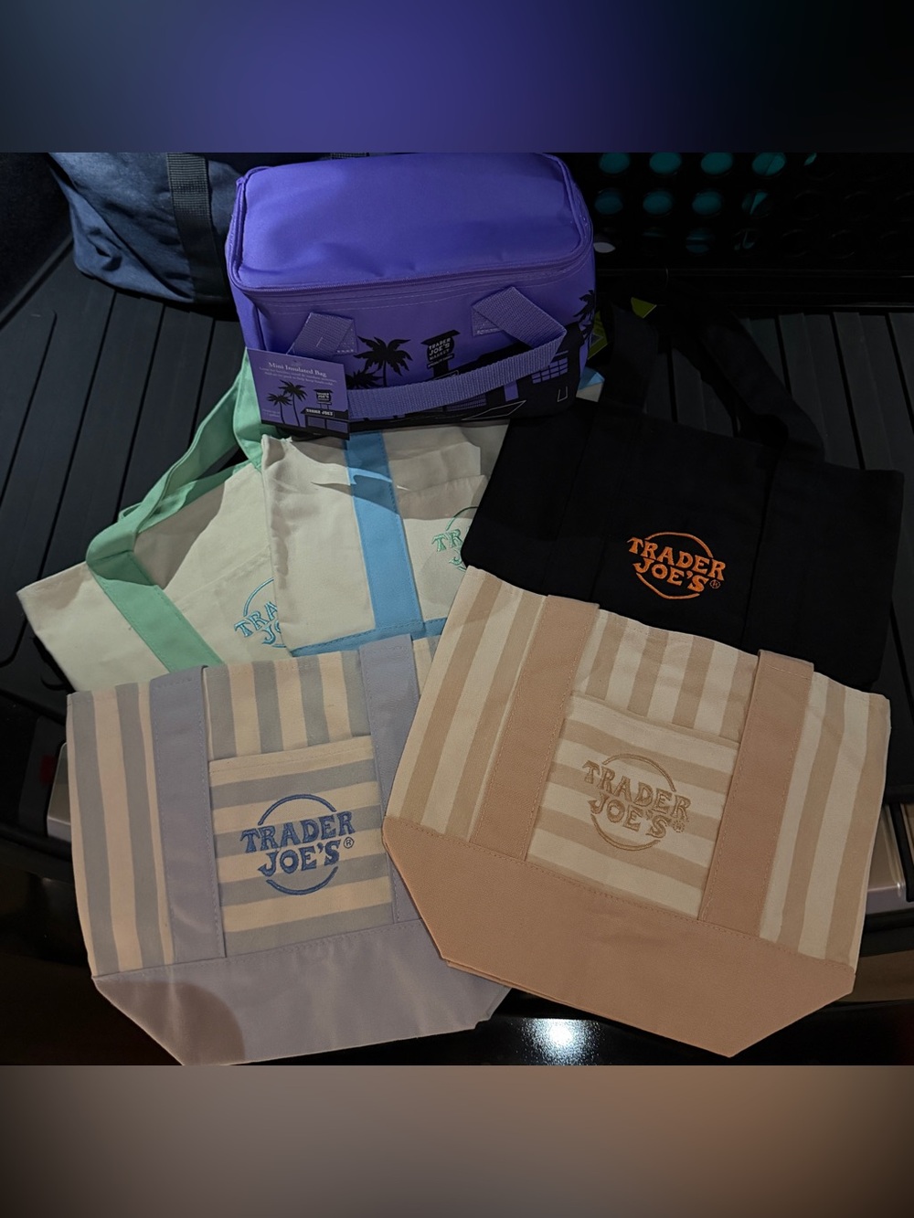 Trader Joe's Canvas Tote Bags & Purple Lunch Cooler